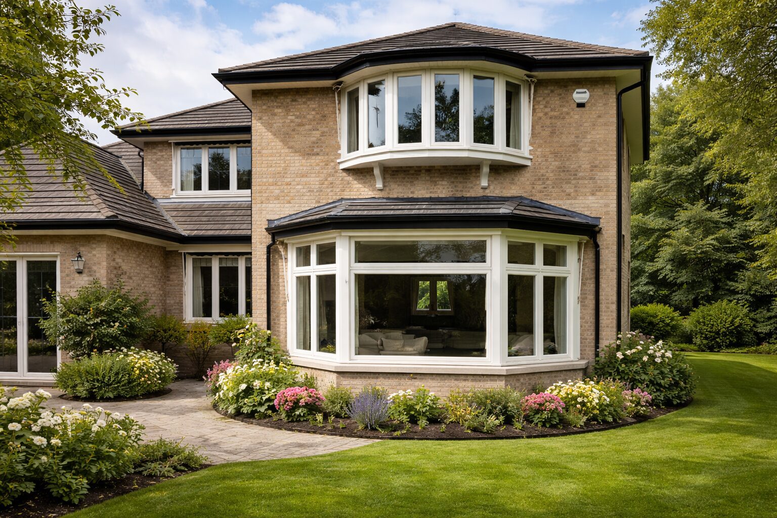 Residential home with white bay and bow windows. Bright House Windows and Doors