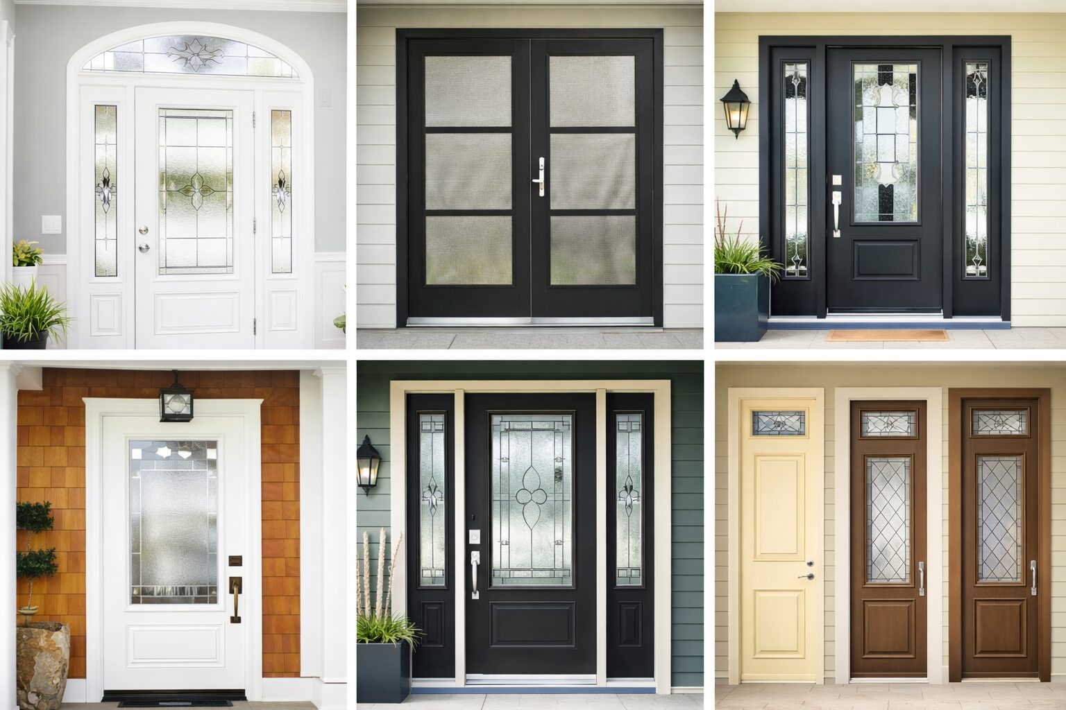 Collection of modern and traditional entry doors including fiberglass and steel designs with decorative glass and sidelights