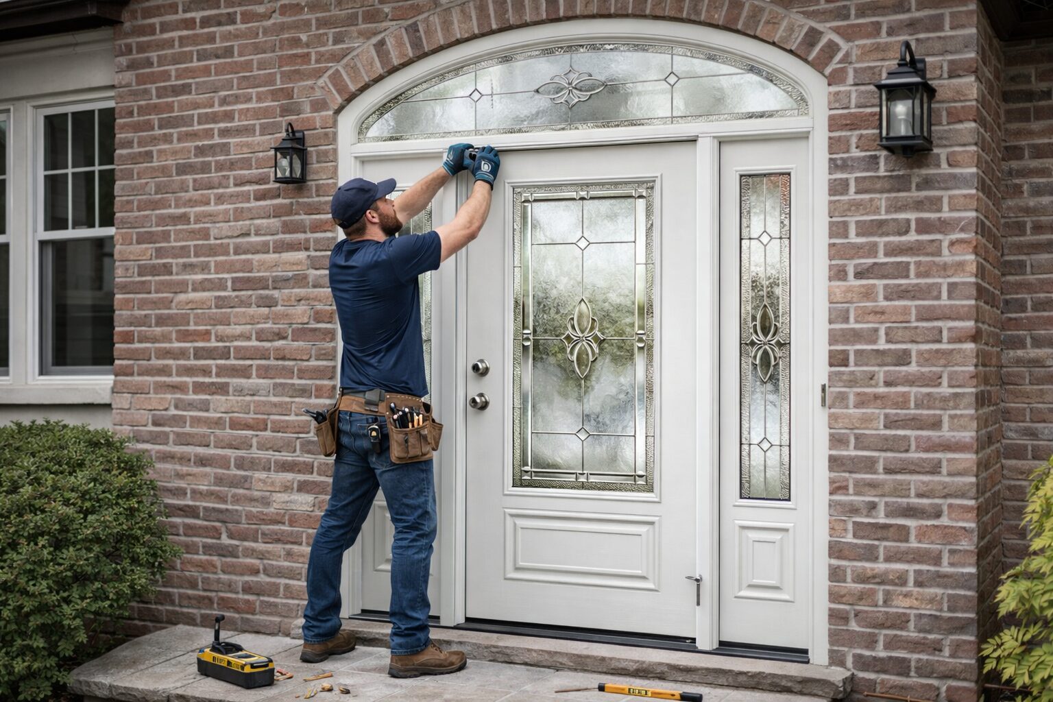 Professional installing a fiberglass entry door on a brick home in Vaughan, Ontario