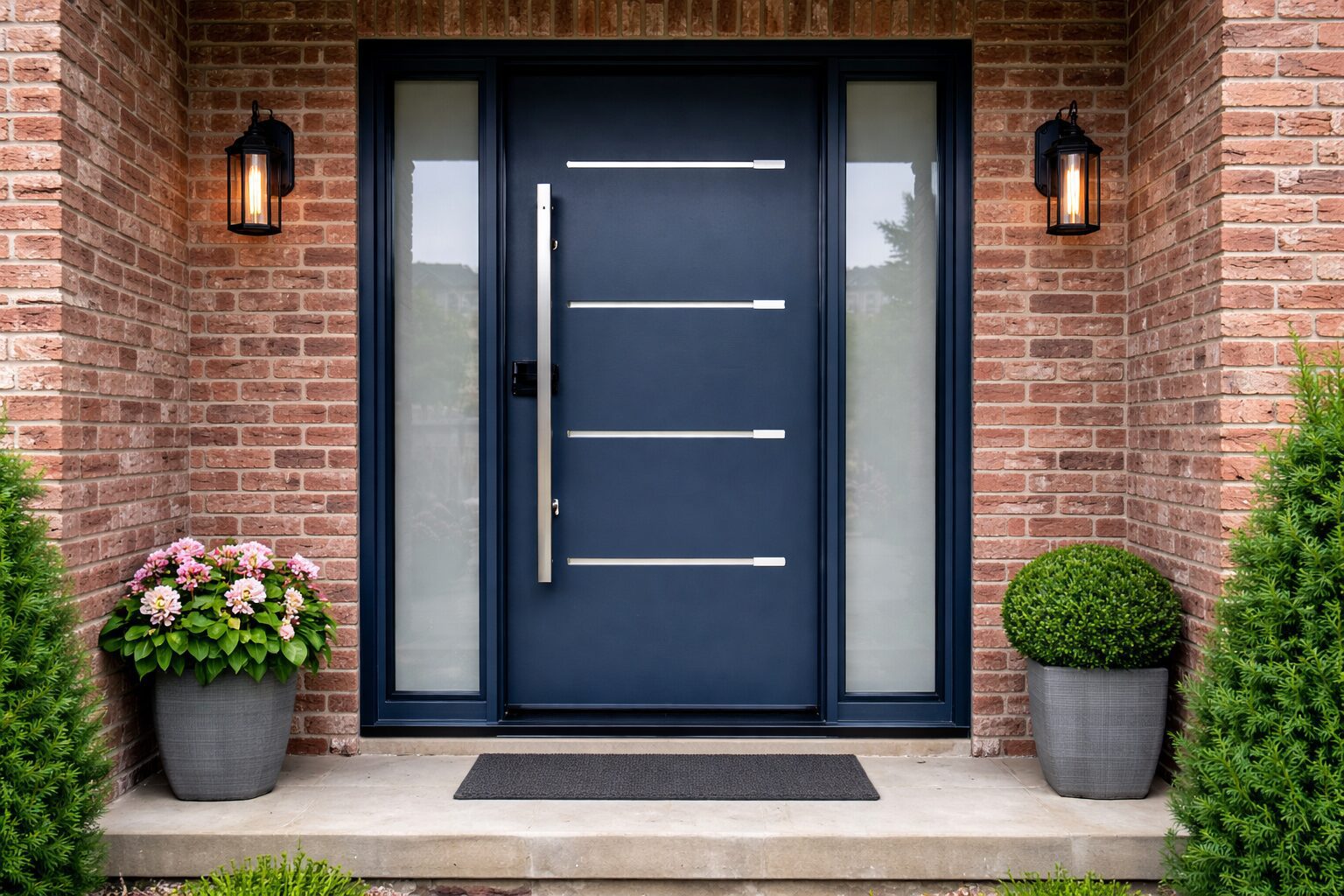 Moderrn Steel Entry Door with frosted sidelights installed in a brick home interior